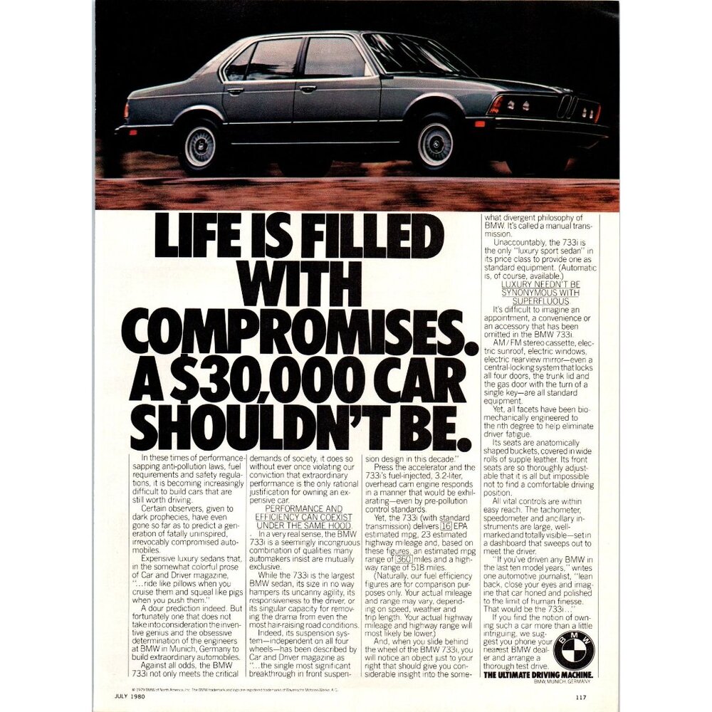 1980 BMW 733i Luxury Sedan Vintage Print Ad German Car 80s Man Cave Wall Art